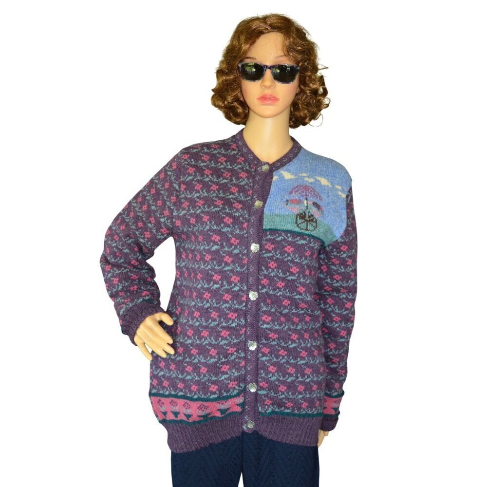 Vintage 80s Blueberry Woolens Handknit Wool Cardigan Sweater Size M Cottagecore